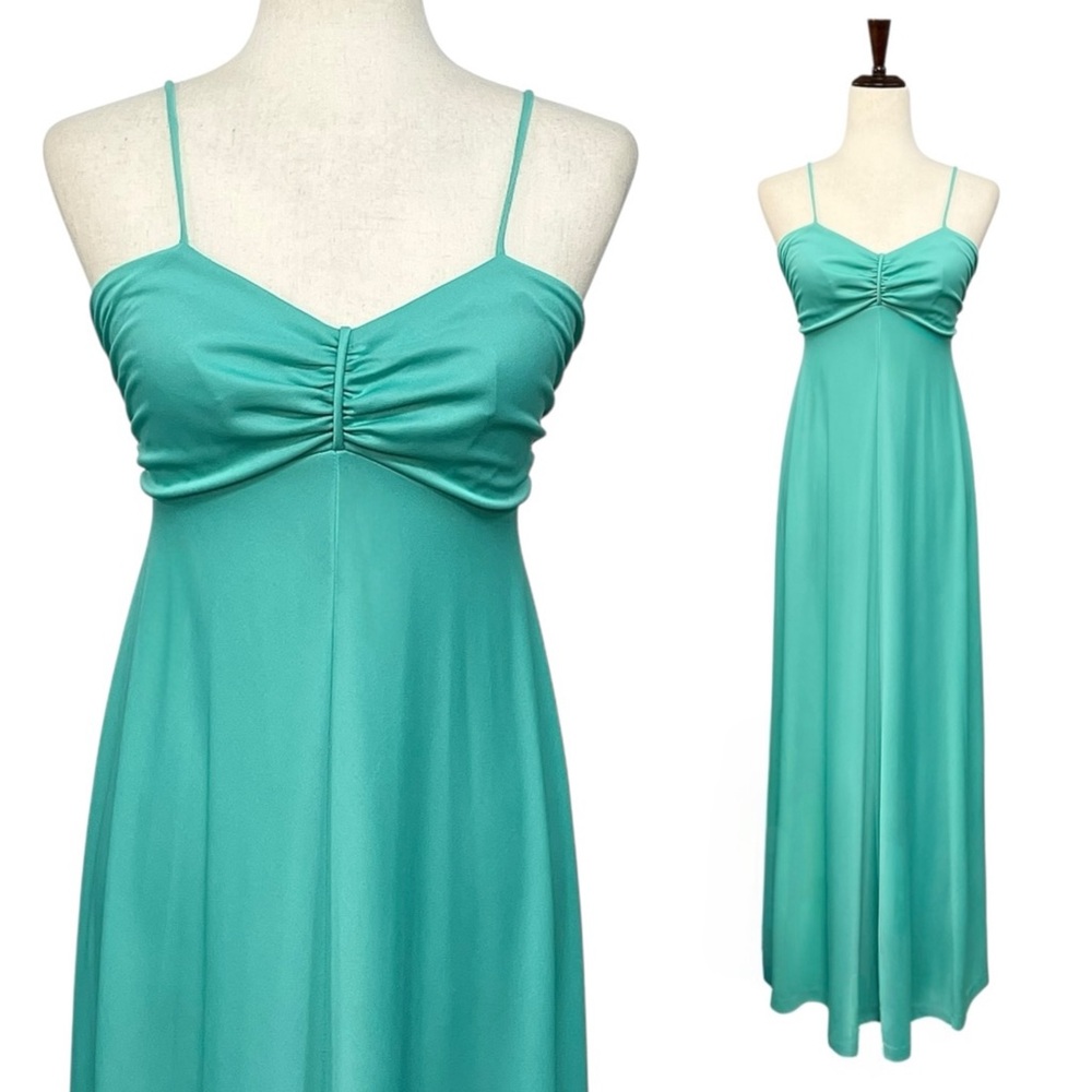 Vintage 70s Maxi Dress Turquoise Spaghetti Strap Union Made Gown Size S